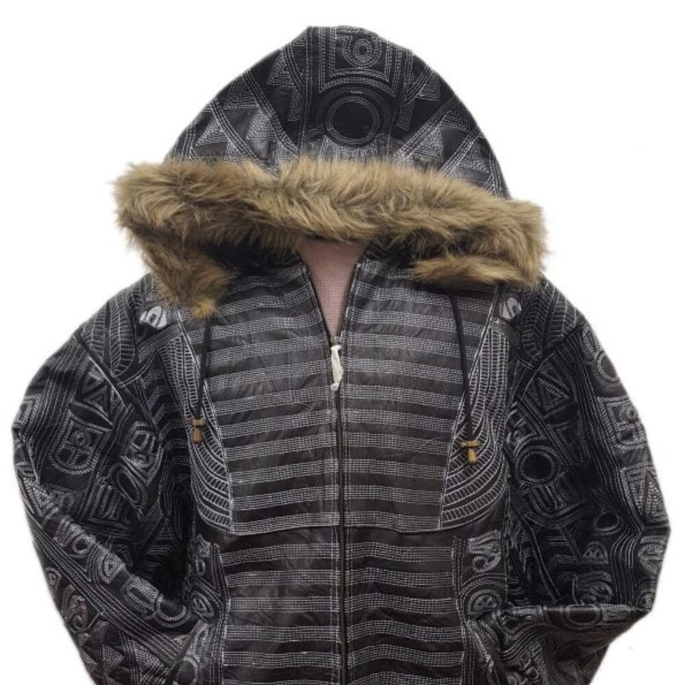Men’s King Tut Embroidery Soft Leather Classic Jacket with Fur Hood (BIG AND TAL